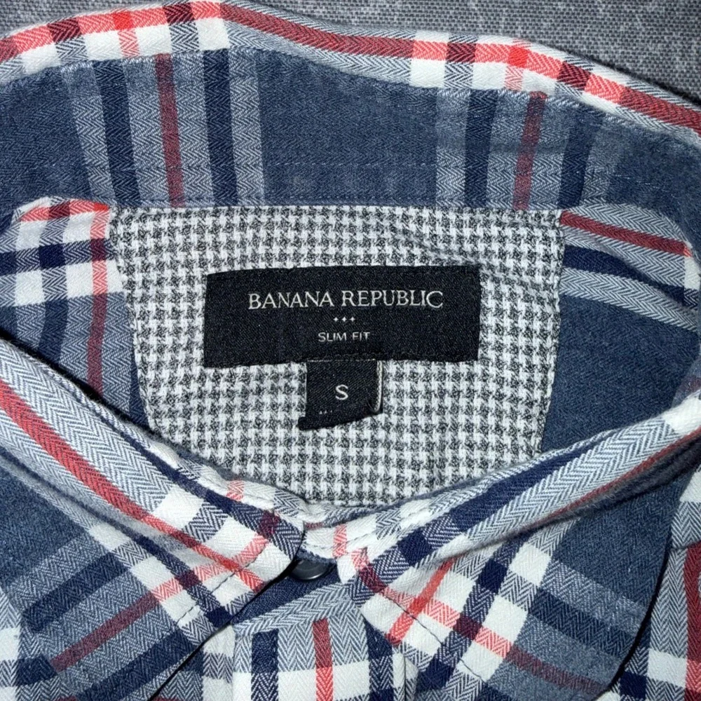 Banana Republic Mens Slim‎ Fit Plaid Button Down Shirt Navy Red White Small S